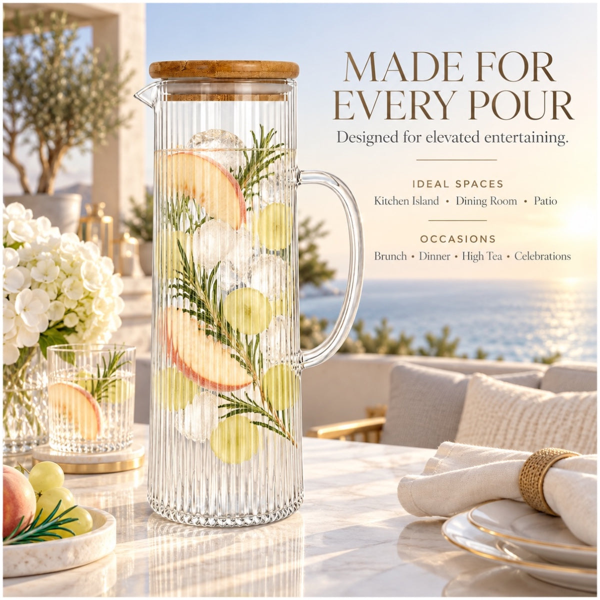 Elegant 1.2L Ribbed Crystal Glass Water Pitcher with Airtight Wooden Lid