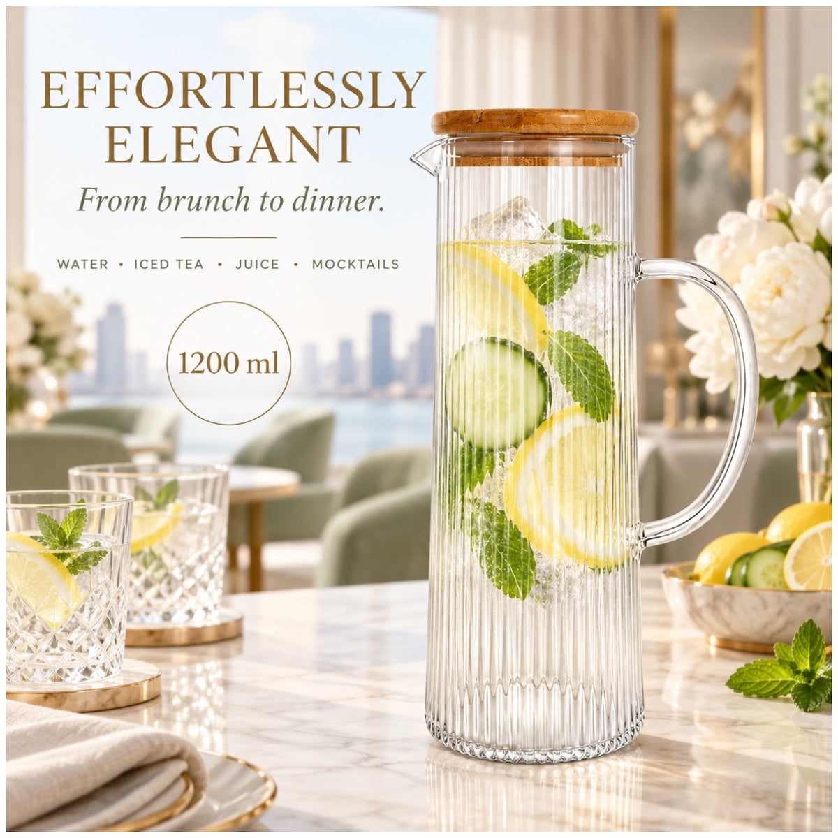 Elegant 1.2L Ribbed Crystal Glass Water Pitcher with Airtight Wooden Lid