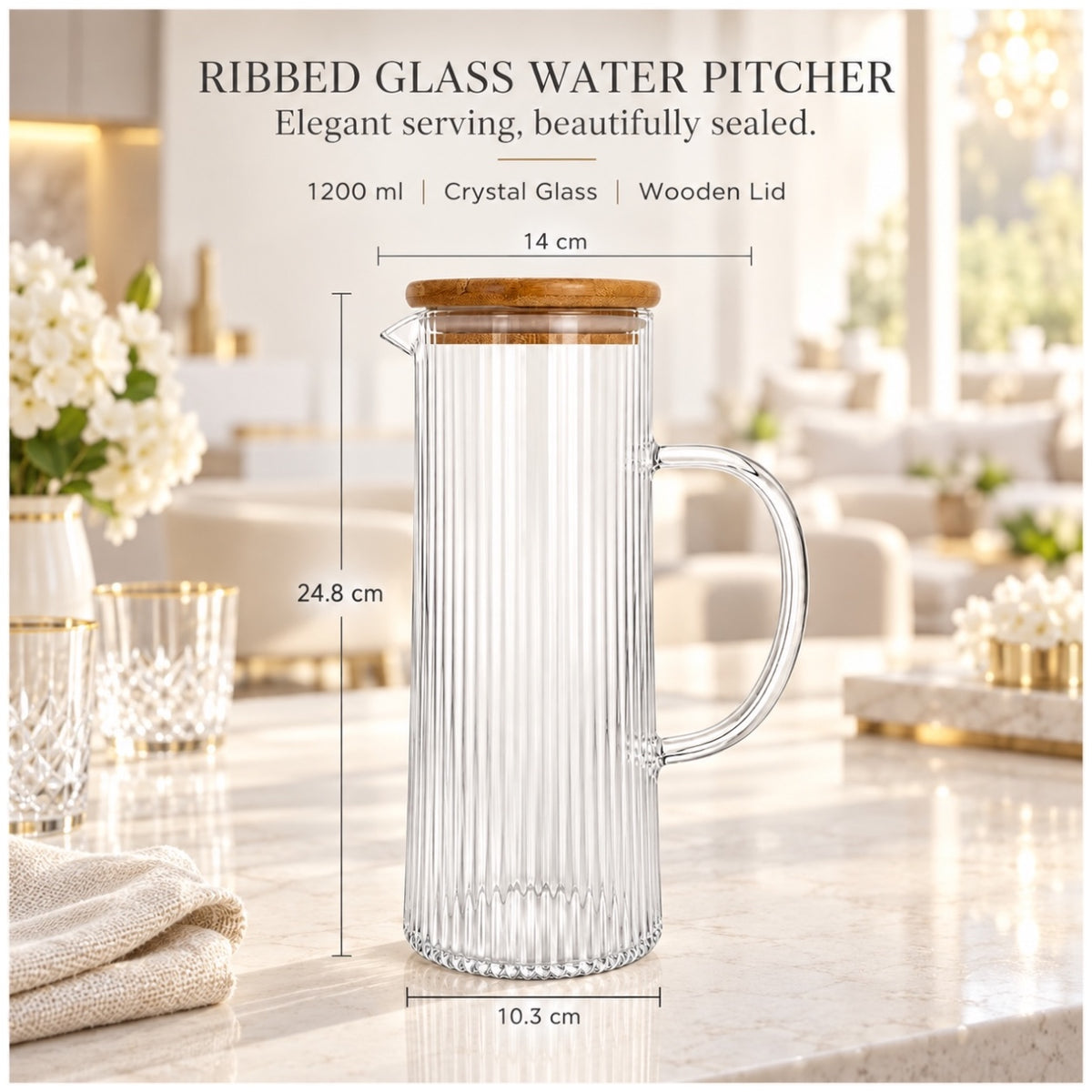 Elegant 1.2L Ribbed Crystal Glass Water Pitcher with Airtight Wooden Lid