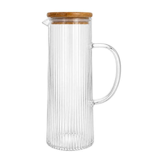 Elegant 1.2L Ribbed Crystal Glass Water Pitcher with Airtight Wooden Lid
