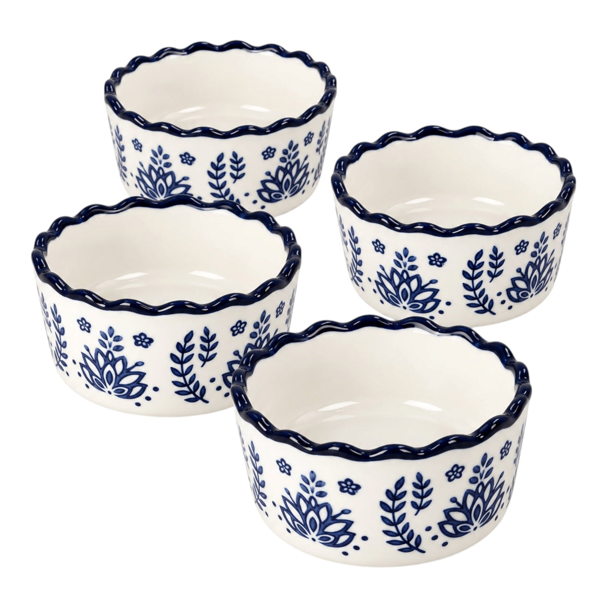 Elegant Navy Botanical Porcelain Sauce Bowls – Set of 4 Floral Bowls