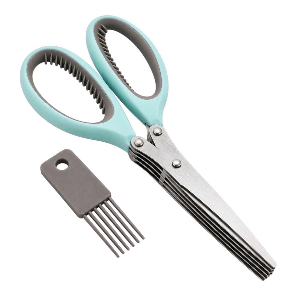 Multi-Blade Herb Scissors and Cleaning Comb Set-2 Piece ,Blue and Grey-20cm