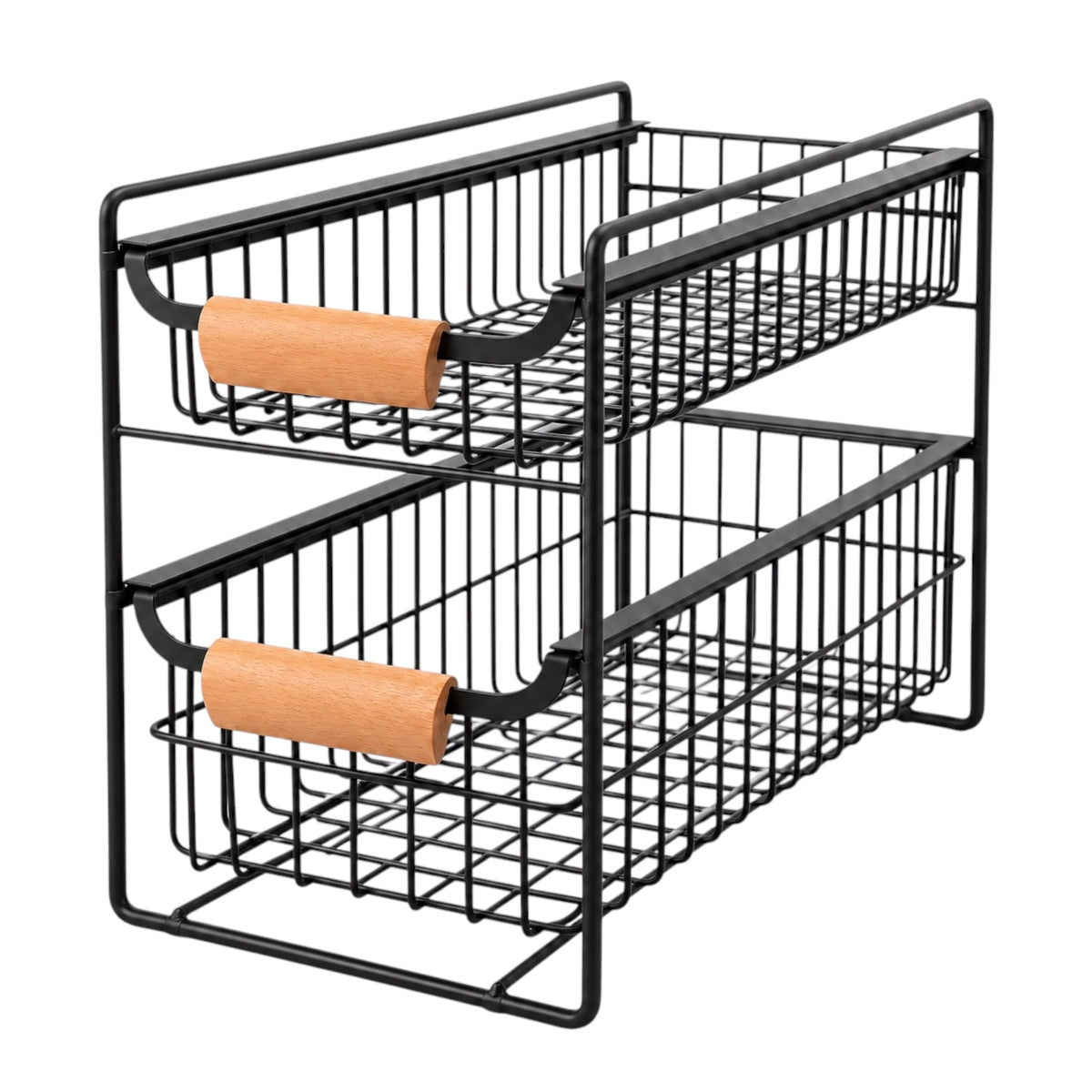2-Tier Iron Drawer Organiser with Beechwood Handles for Convenient Storage