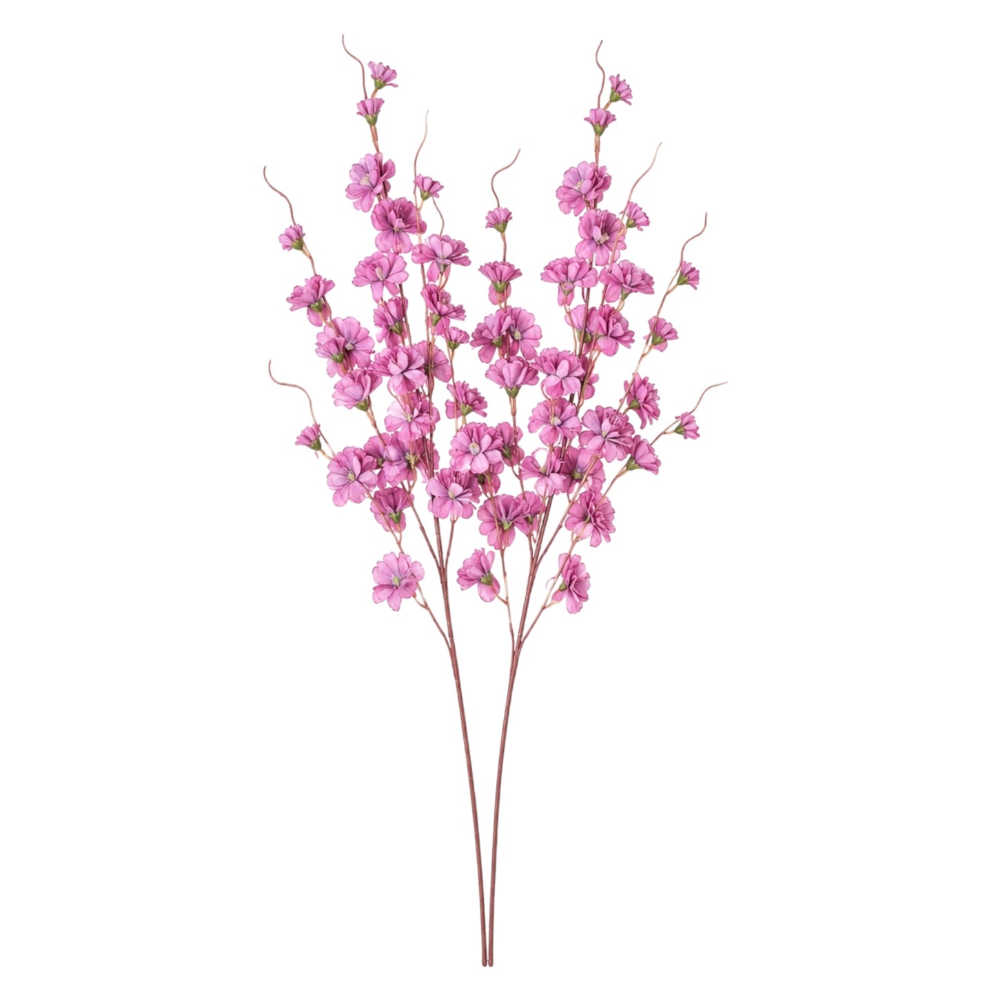 Pink artificial cherry blossom branches with small blossoms and brown stems, isolated on a white background.