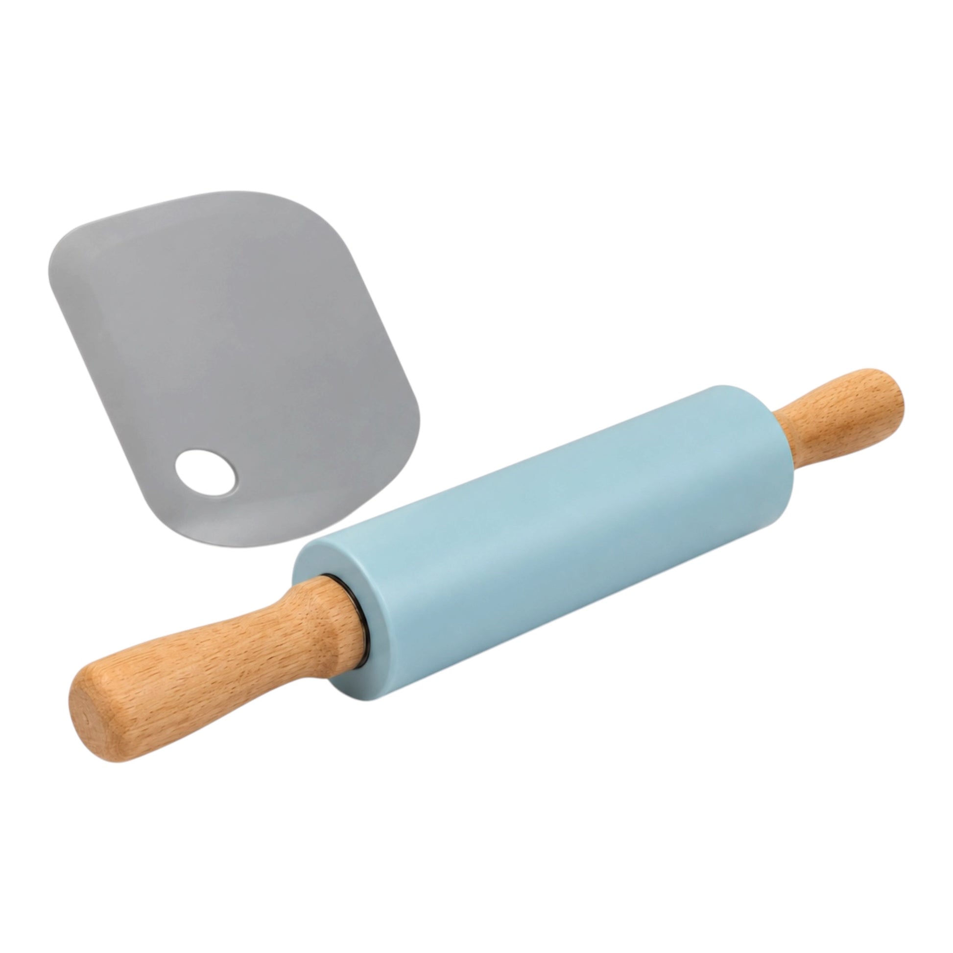 Blue rolling pin with wooden handle and gray dough scraper on a white background