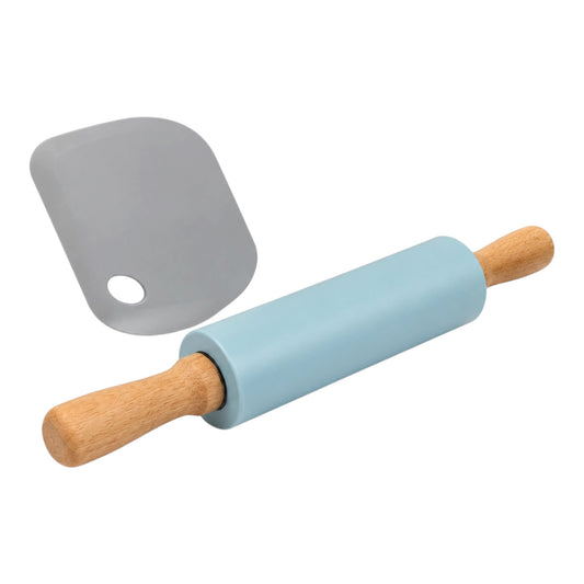 Blue rolling pin with wooden handle and gray dough scraper on a white background