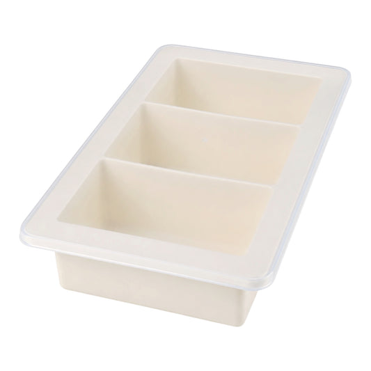 Rectangular silicone ice cube tray with 3 compartments on a white background