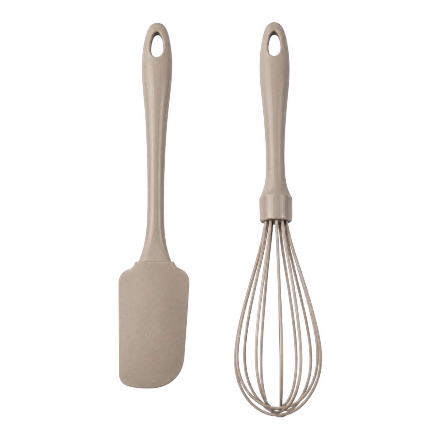 A silicone spatula and a wire whisk with matching beige handles, shown side by side on a plain white background.