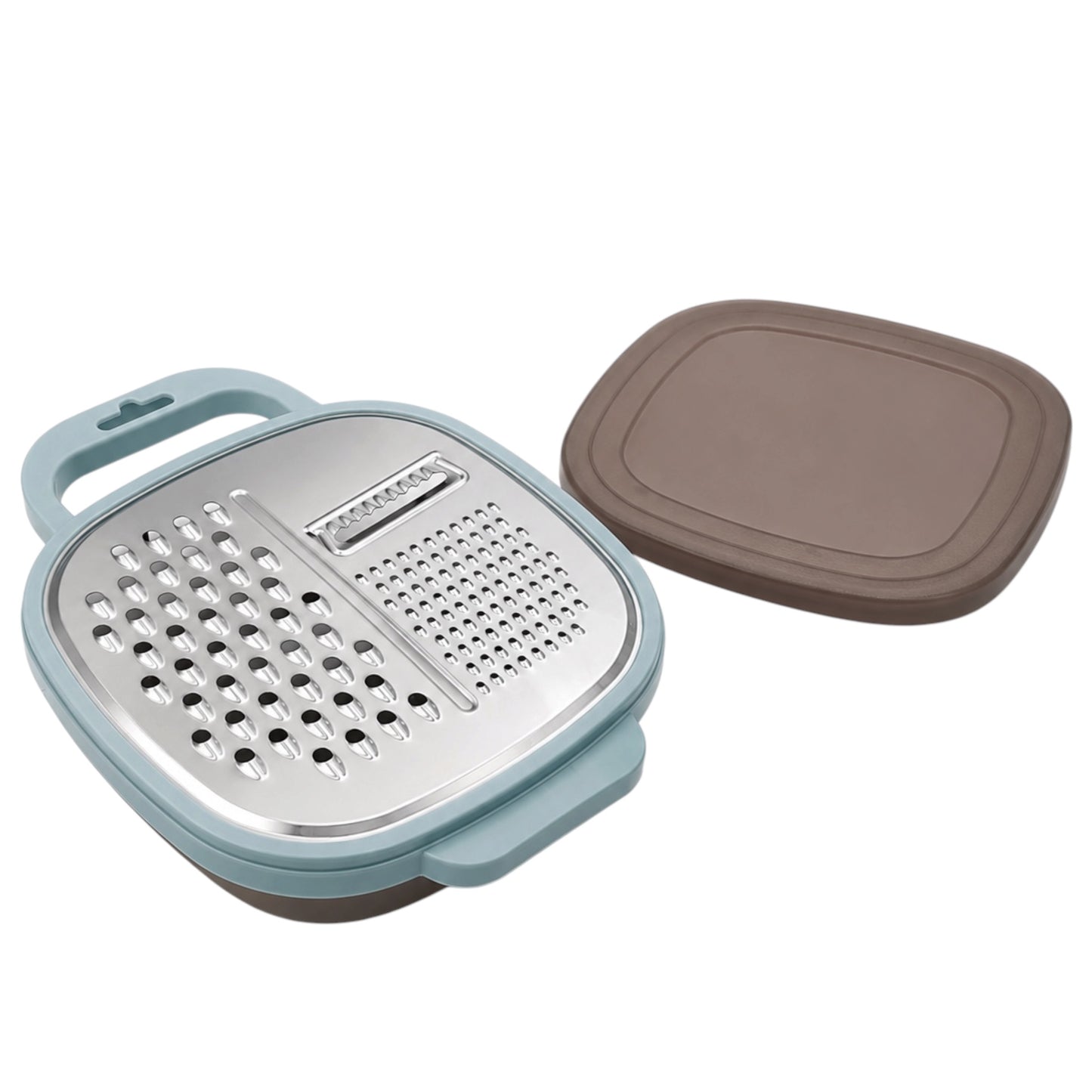 A kitchen grater and cheese slicer set with a stainless steel grater side, a light blue handle and base trim, and a brown lid, shown on a white background.