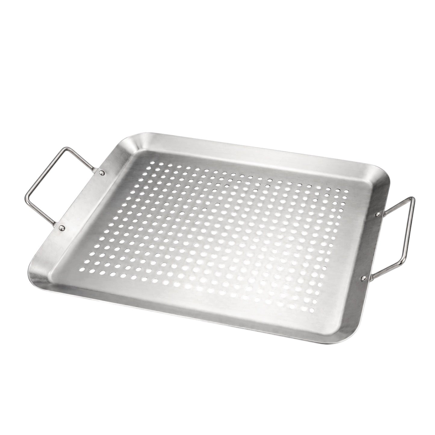 A Stainless Steel Grill Basket with Handles for Braais with two side handles, shown on a plain white background.