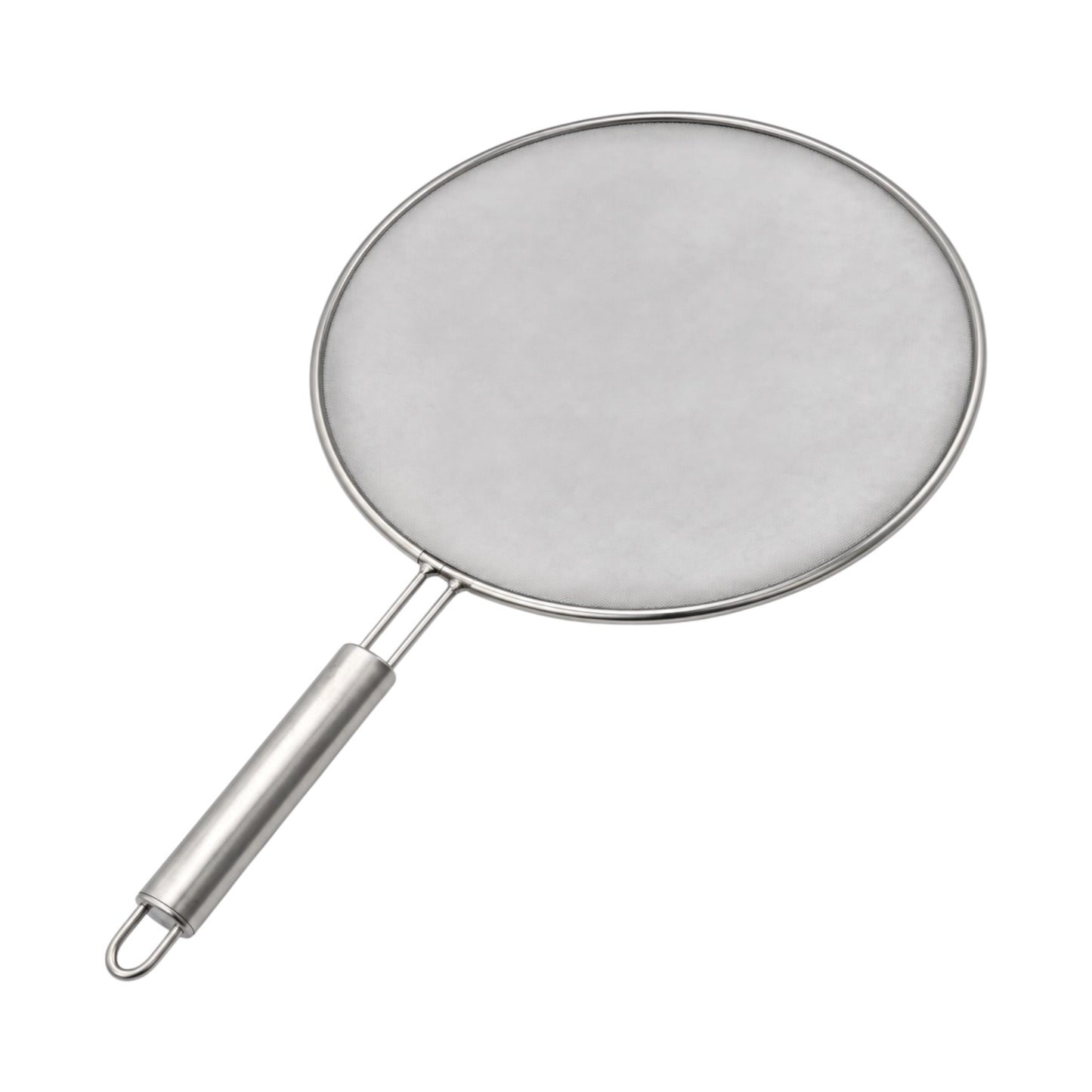 A stainless steel round mesh strainer with a long cylindrical handle and a hanging loop, shown on a plain white background.