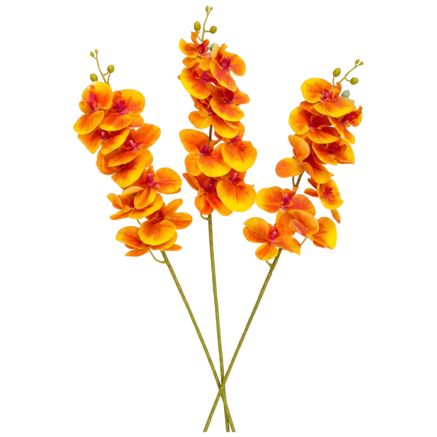 Three artificial orange and yellow orchid flower stems with green stems, isolated on a white background.