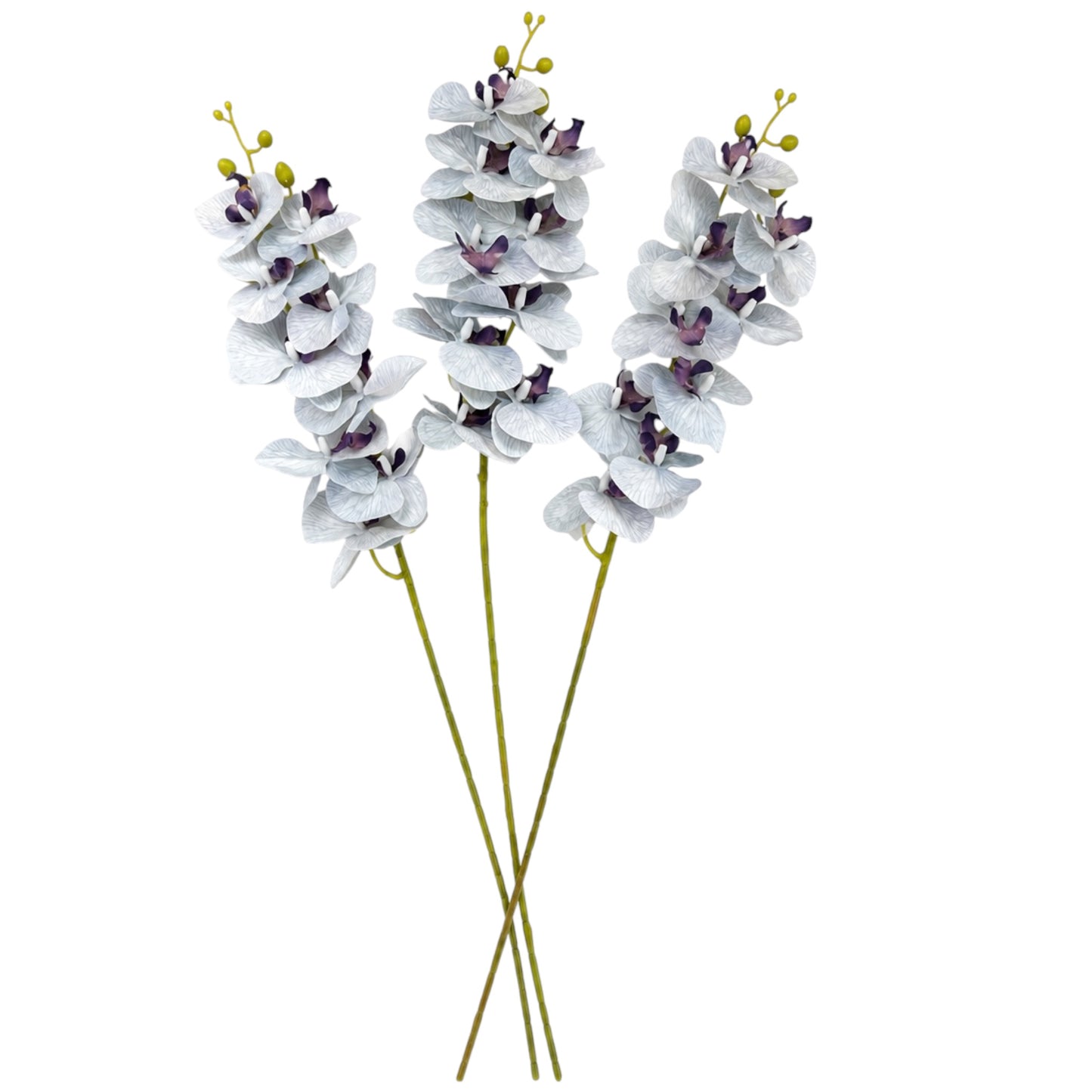 Three artificial orchid flower stems with pale gray-blue petals and dark purple centers, arranged against a plain white background.