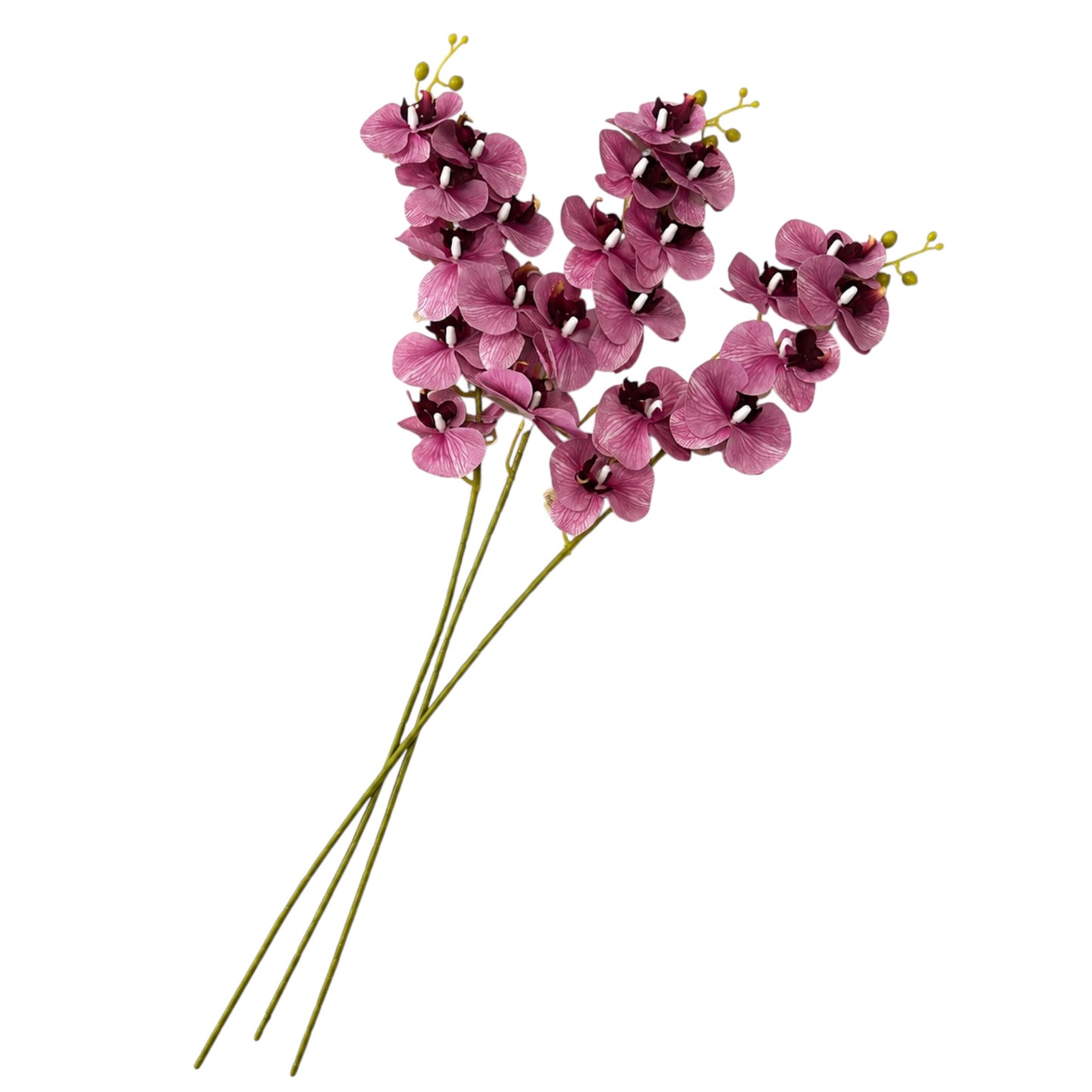 Three artificial pink orchid flower sprigs with green stems on a plain white background.