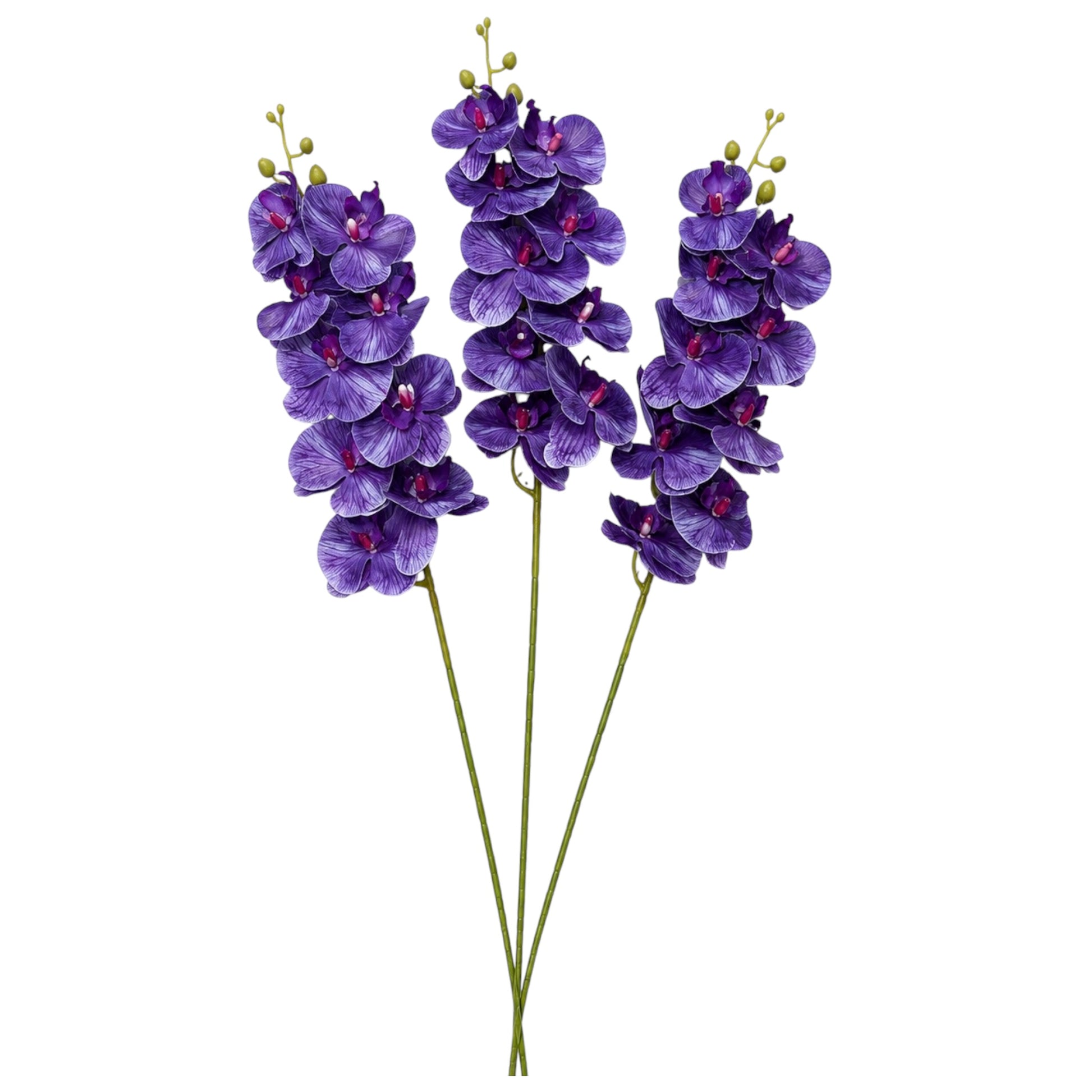 Three artificial purple orchid flower stems with green stems and buds, isolated on a white background.