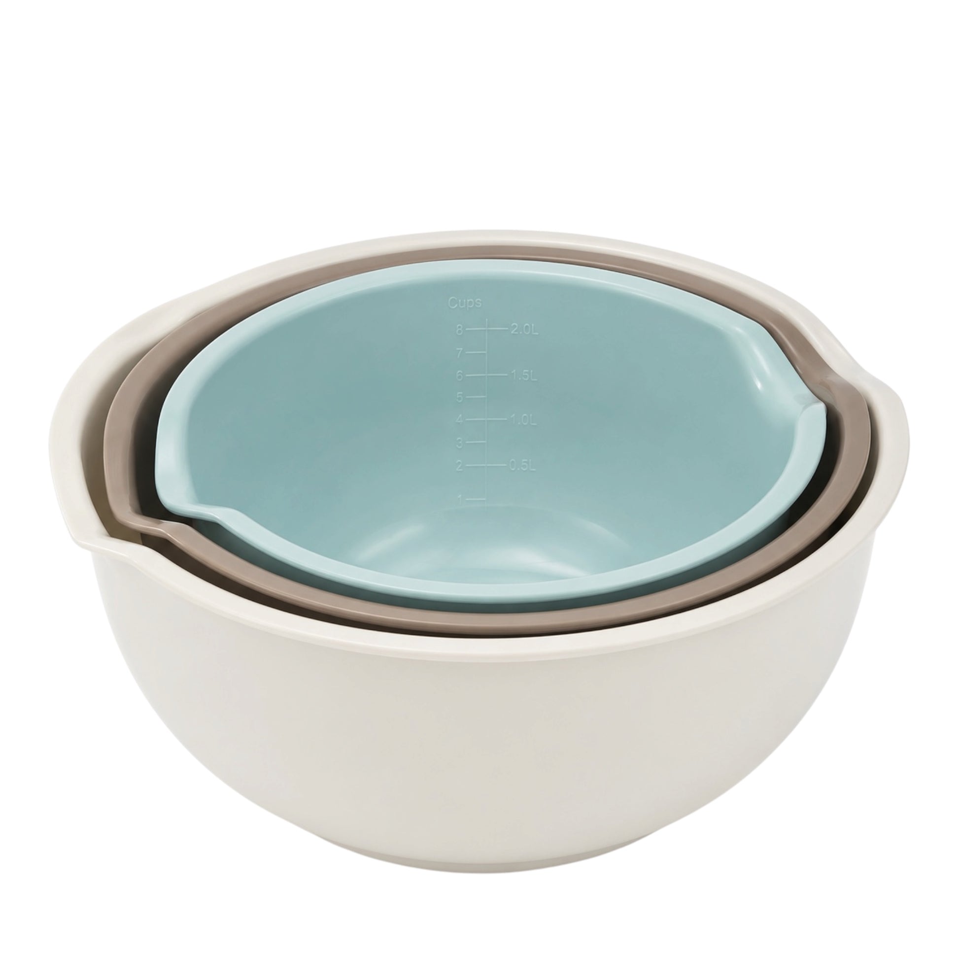 Set of three nested bowls with a light blue interior and beige exterior on a white background