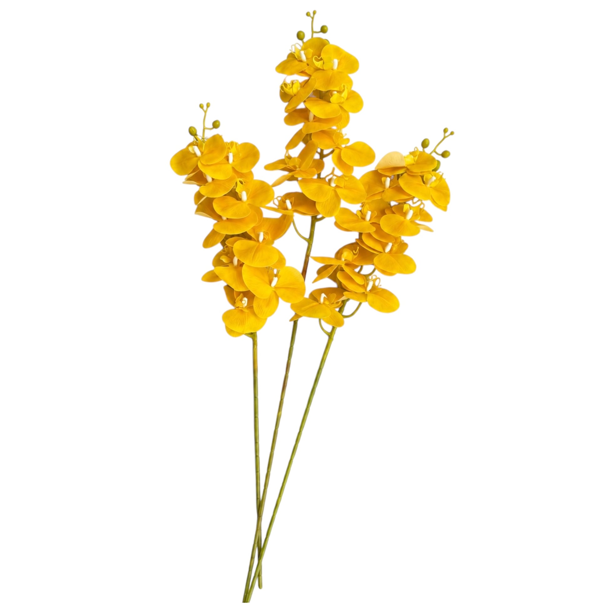 Three yellow artificial orchid flower stems with green stems, isolated on a white background.