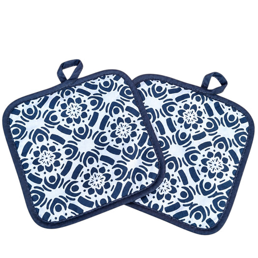 2-Piece Heat-Resistant Cotton Kitchen Potholder Set –Blue and White- 20 cm