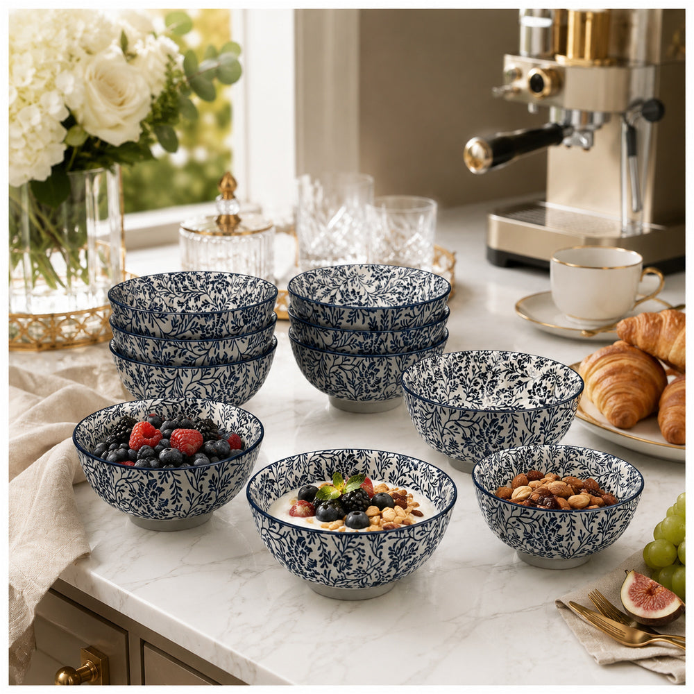 Elegant 8-Piece Blue Floral Porcelain Bowl Set – 13 cm