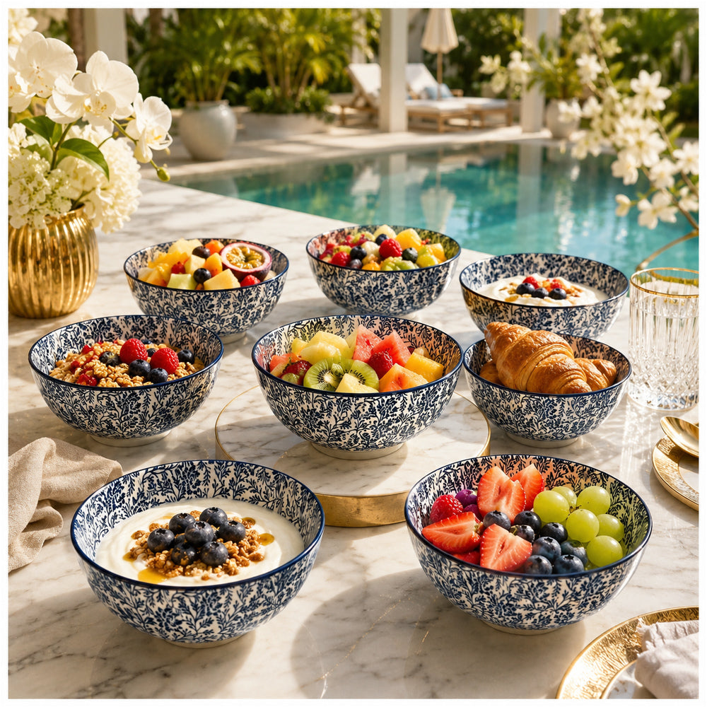 Elegant 8-Piece Blue Floral Porcelain Bowl Set – 13 cm