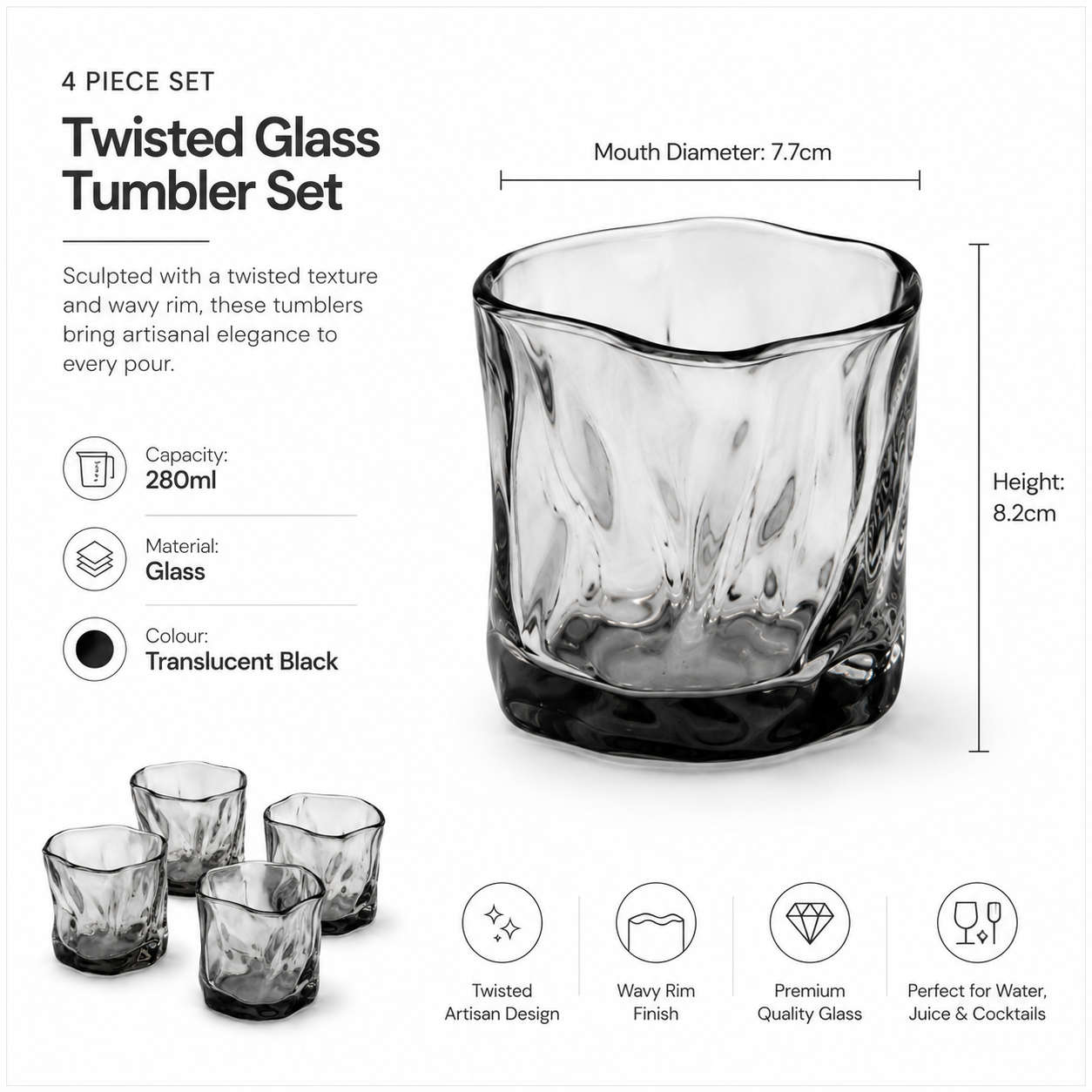 Luxury 4-Piece Translucent Black Crystal-Look Glass Set – 280ml