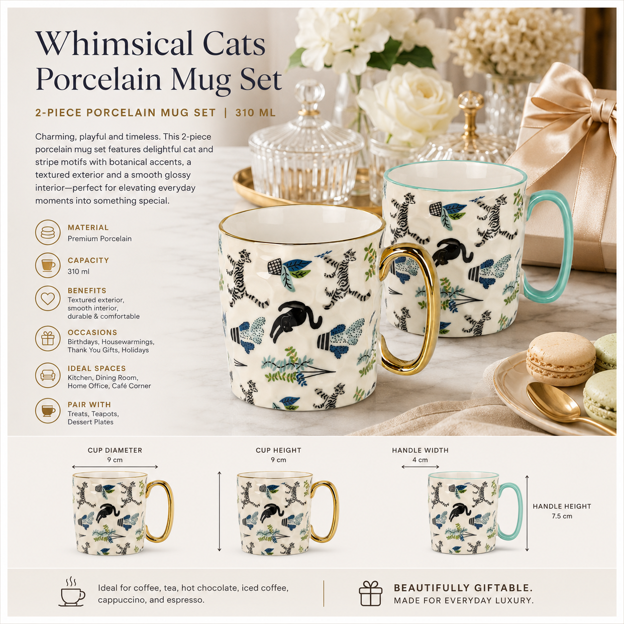 2-Piece Textured Porcelain Coffee Mug Set – 310ml Floral Cat Design