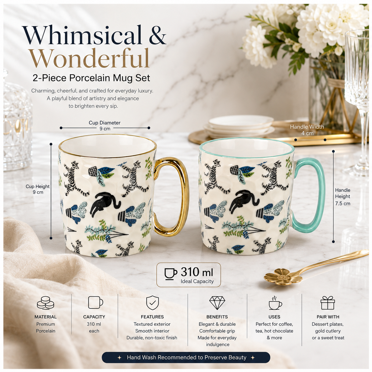 2-Piece Textured Porcelain Coffee Mug Set – 310ml Floral Cat Design
