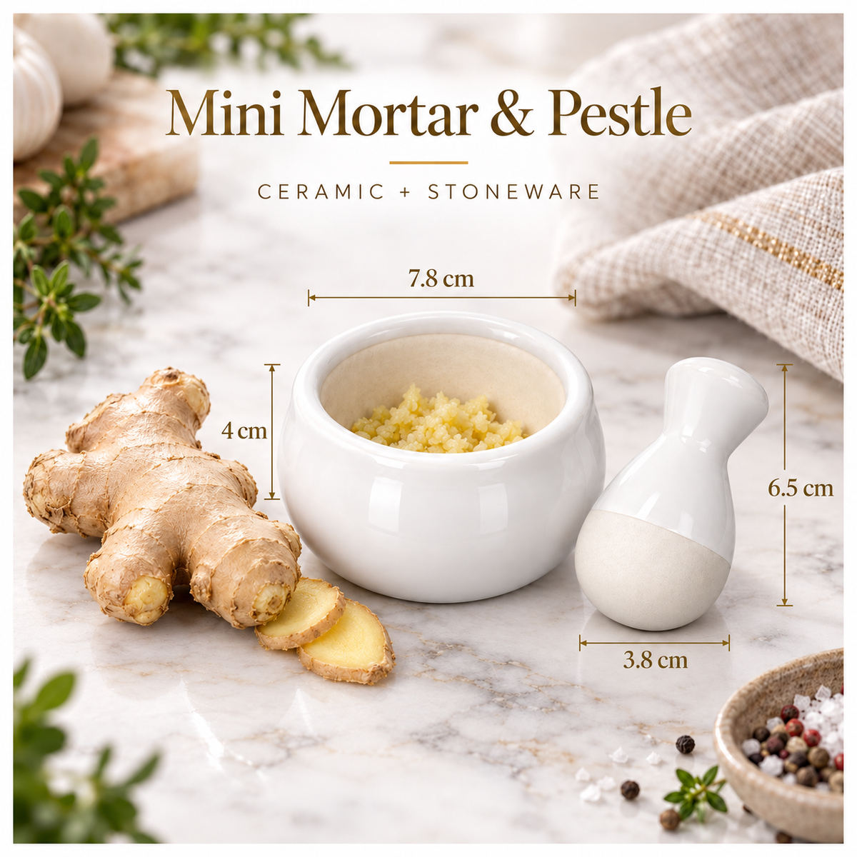 Mini Ceramic Mortar and Pestle Set - White Cream - Herb and Spice Grinder
