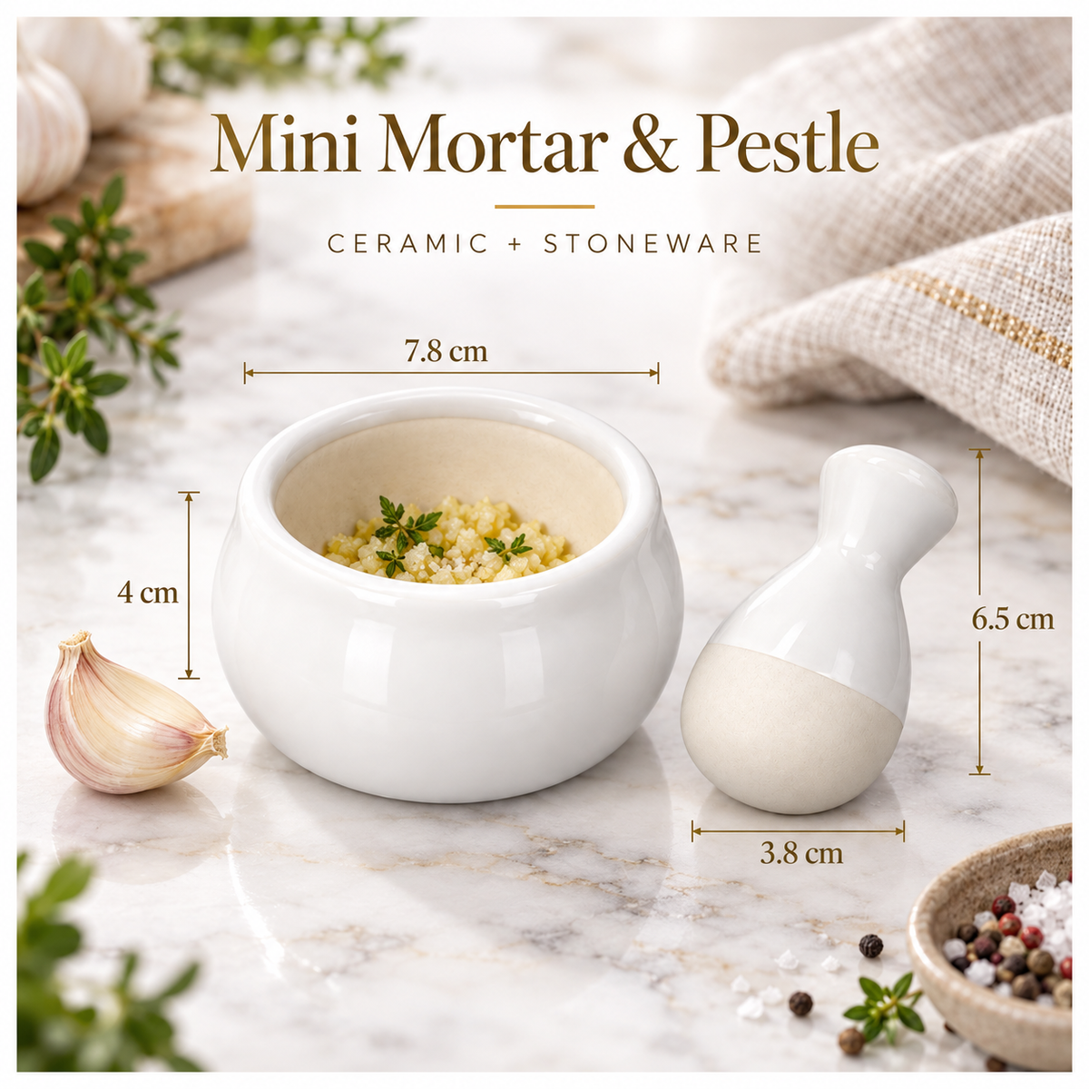 Mini Ceramic Mortar and Pestle Set - White Cream - Herb and Spice Grinder