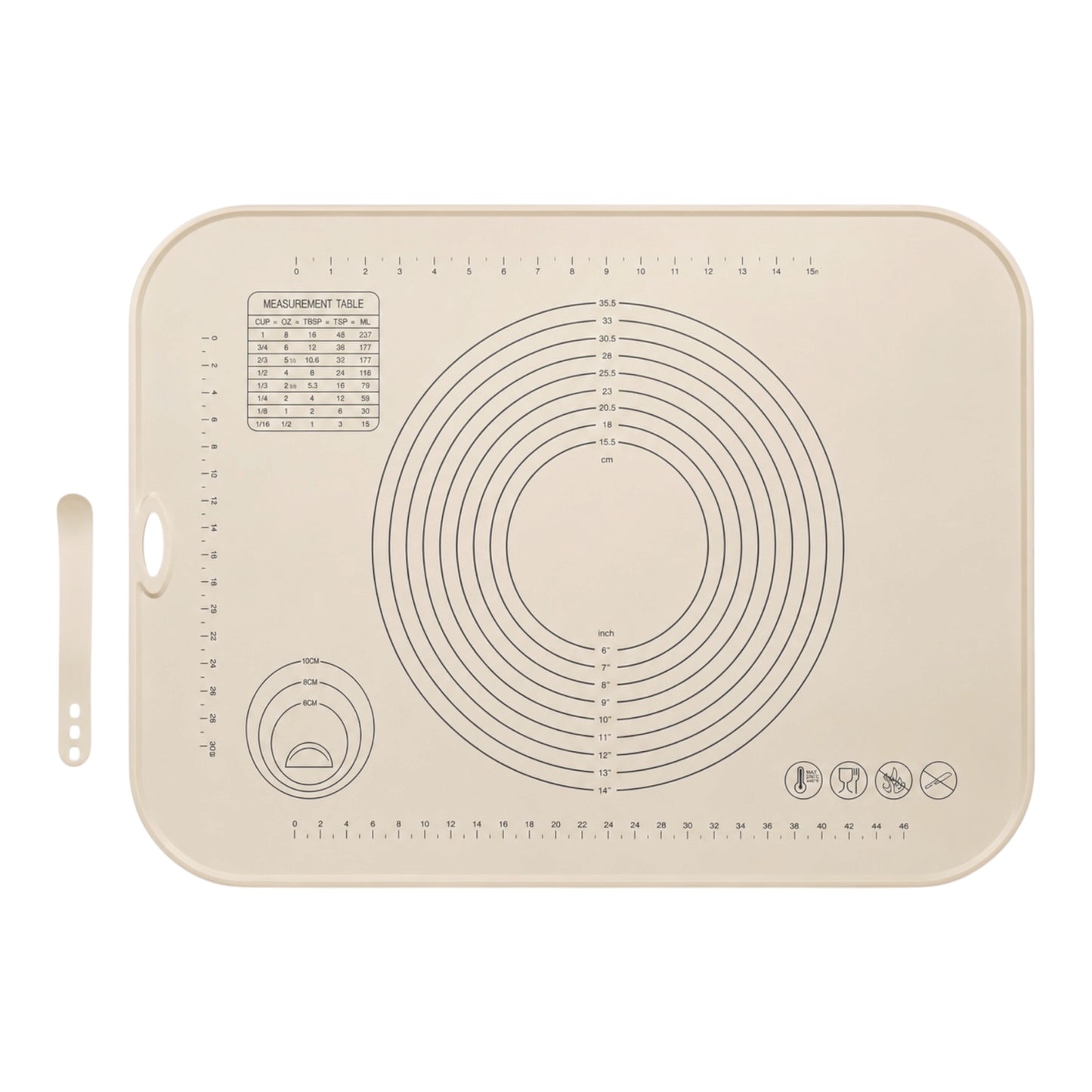 A rectangular beige silicone baking mat with printed measurement guides, a conversion chart, concentric circle markings, and a small spatula-shaped handle on the left, shown on a plain white background.