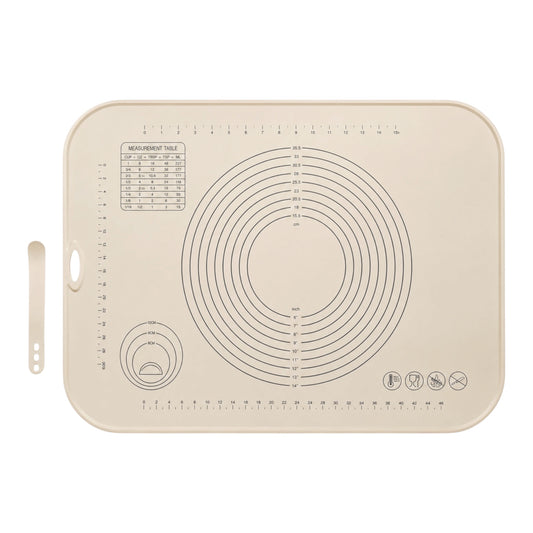 A rectangular beige silicone baking mat with printed measurement guides, a conversion chart, concentric circle markings, and a small spatula-shaped handle on the left, shown on a plain white background.