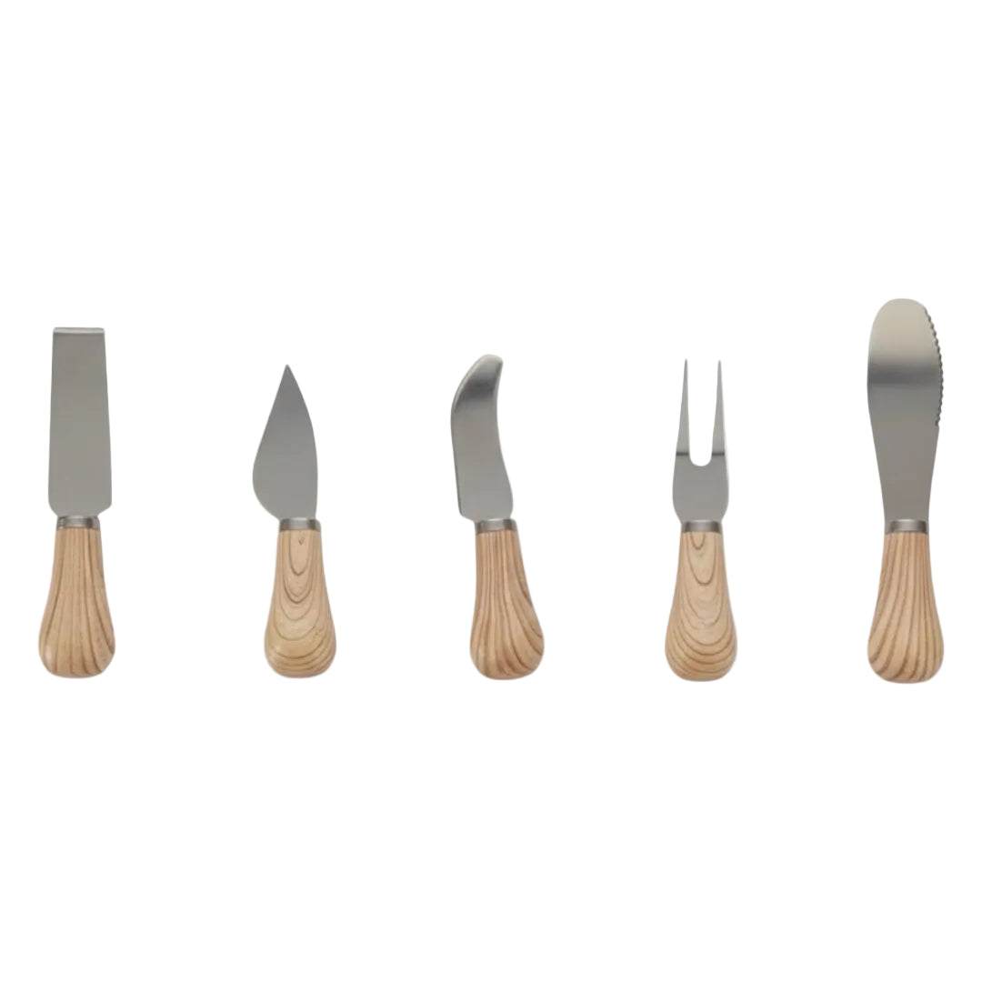 Set of five cheese knives with wooden handles on a white background