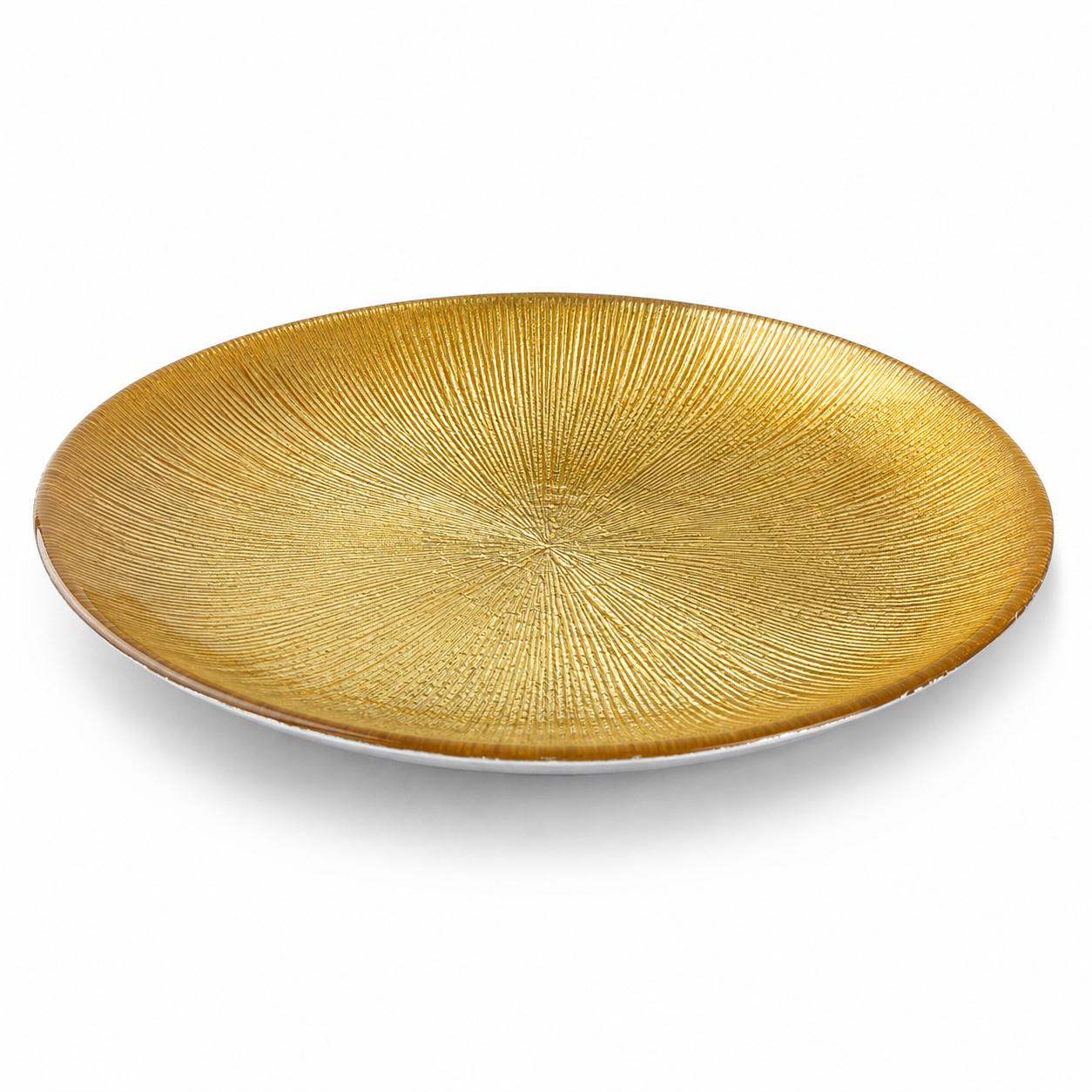 A round gold-colored glass platter with a textured radial line pattern, shown on a clean white background.
