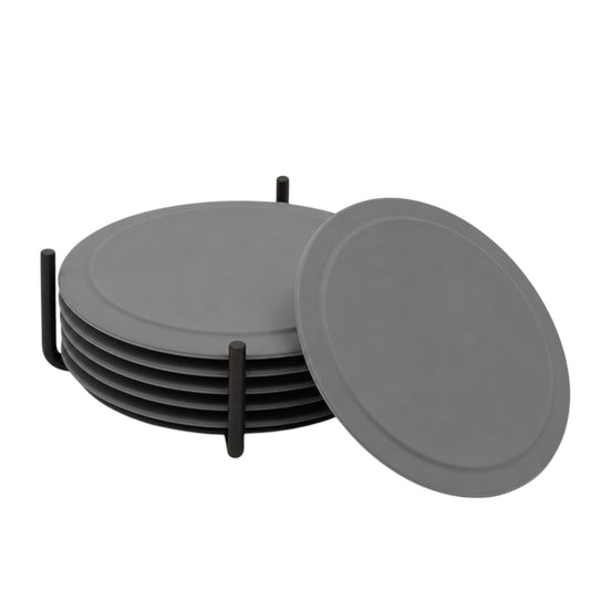 A set of round gray coasters with a black metal stand, shown with one coaster leaning against the stand on a plain white background.