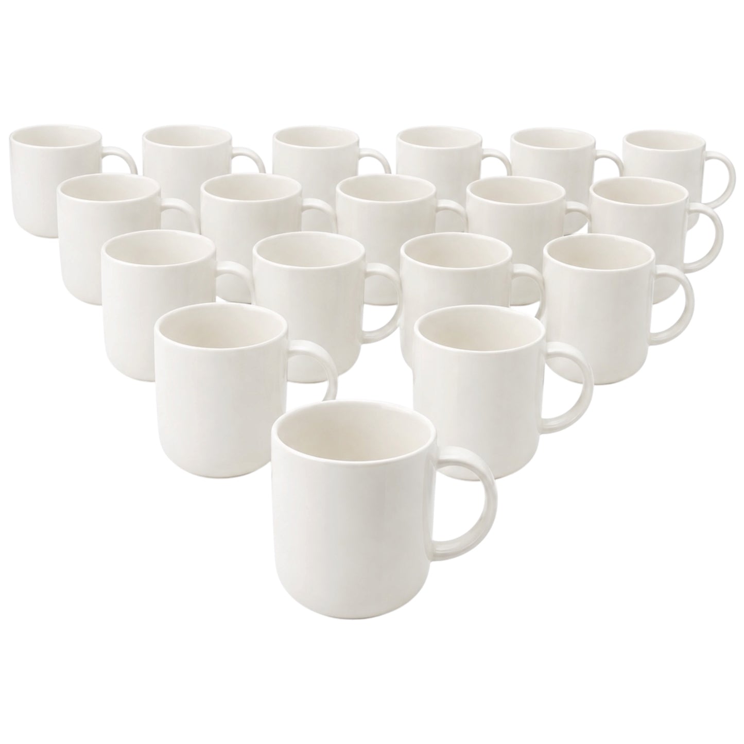 A set of plain white ceramic mugs arranged in rows on a white background.