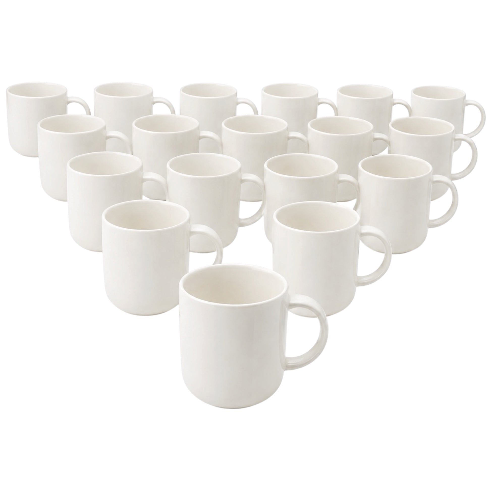 A set of plain white ceramic mugs arranged in rows on a white background.