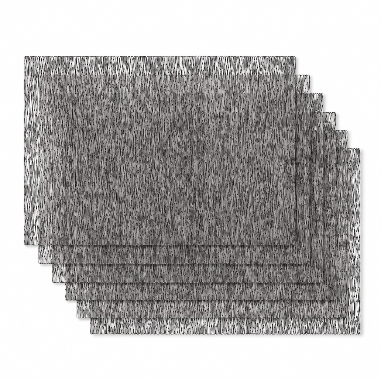 A stack of six rectangular black placemats with a textured, wood-grain-like pattern, arranged in a cascading stack on a solid white background.
