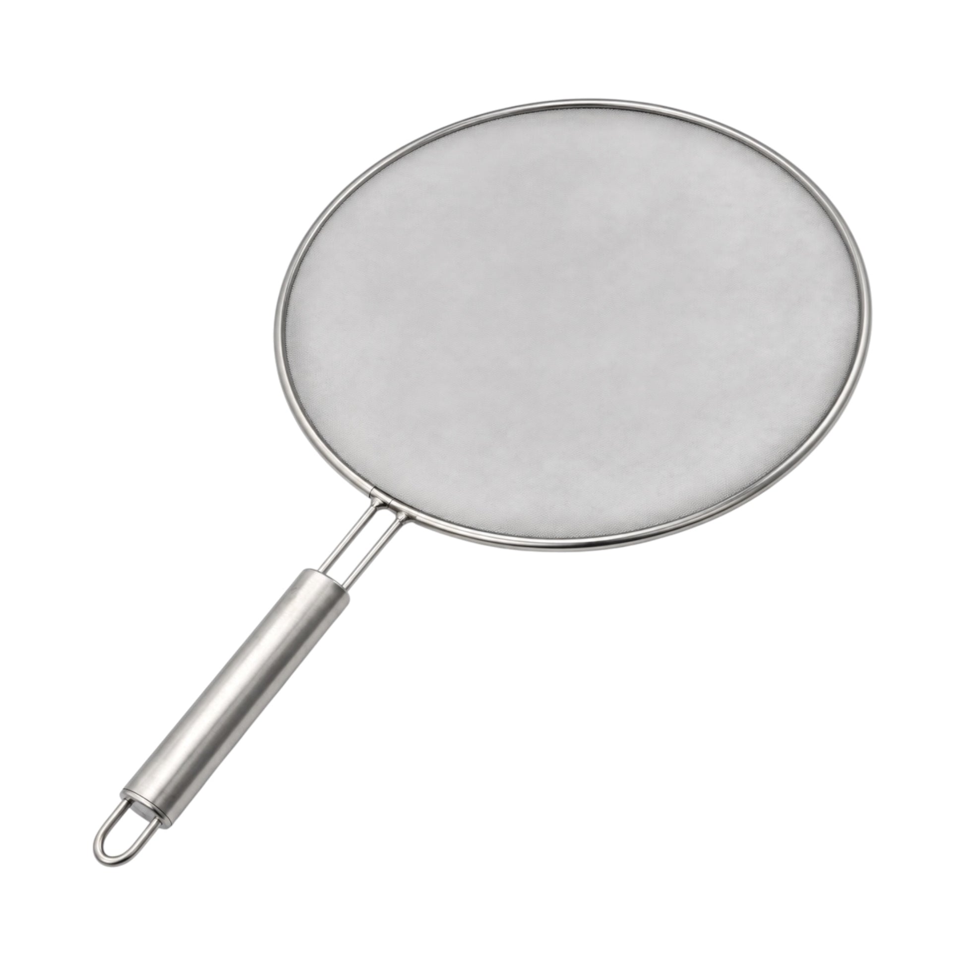 A stainless steel round mesh splatter screen with a long cylindrical handle and a hanging loop, shown on a plain white background.