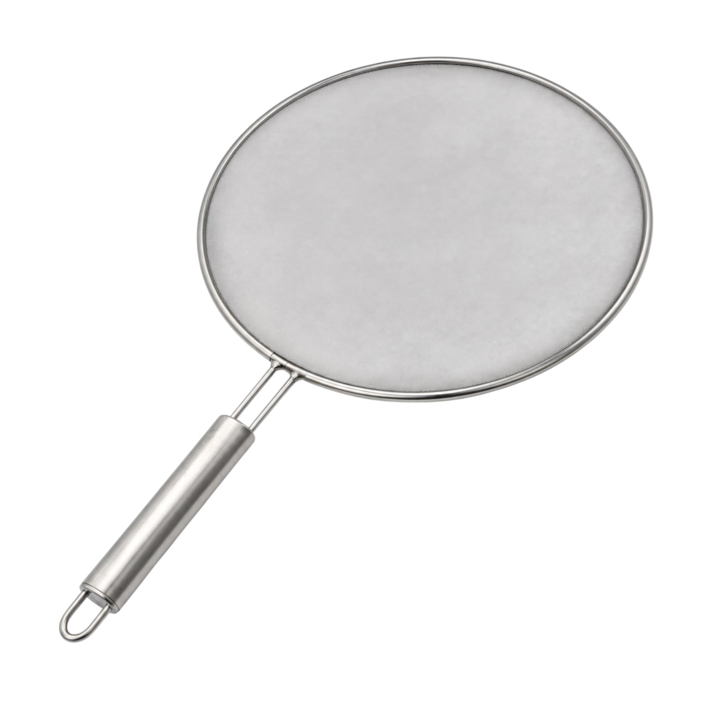 A stainless steel round mesh strainer with a long cylindrical handle and a hanging loop, shown on a plain white background.