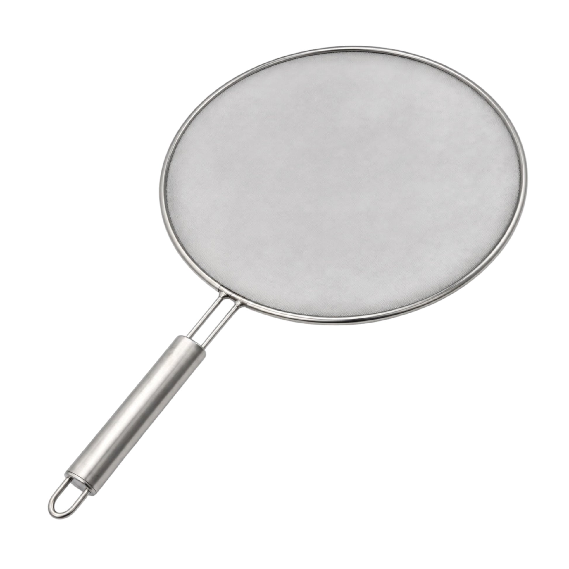 A stainless steel round mesh strainer with a long cylindrical handle and a hanging loop, shown on a plain white background.