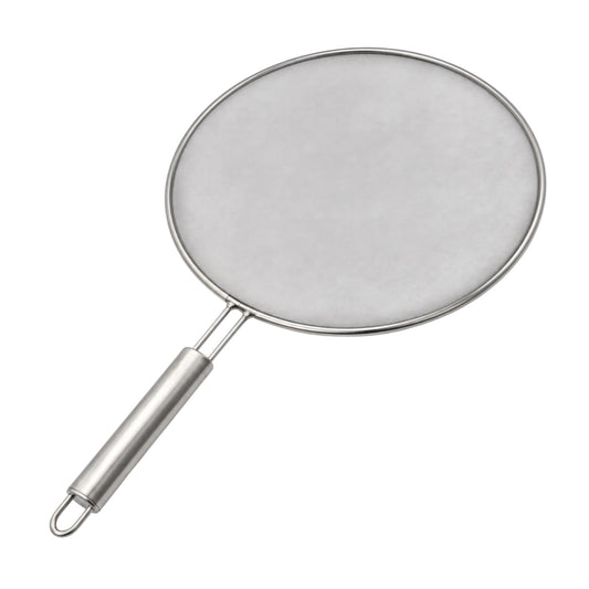A stainless steel round mesh strainer with a long cylindrical handle and a hanging loop, shown on a plain white background.