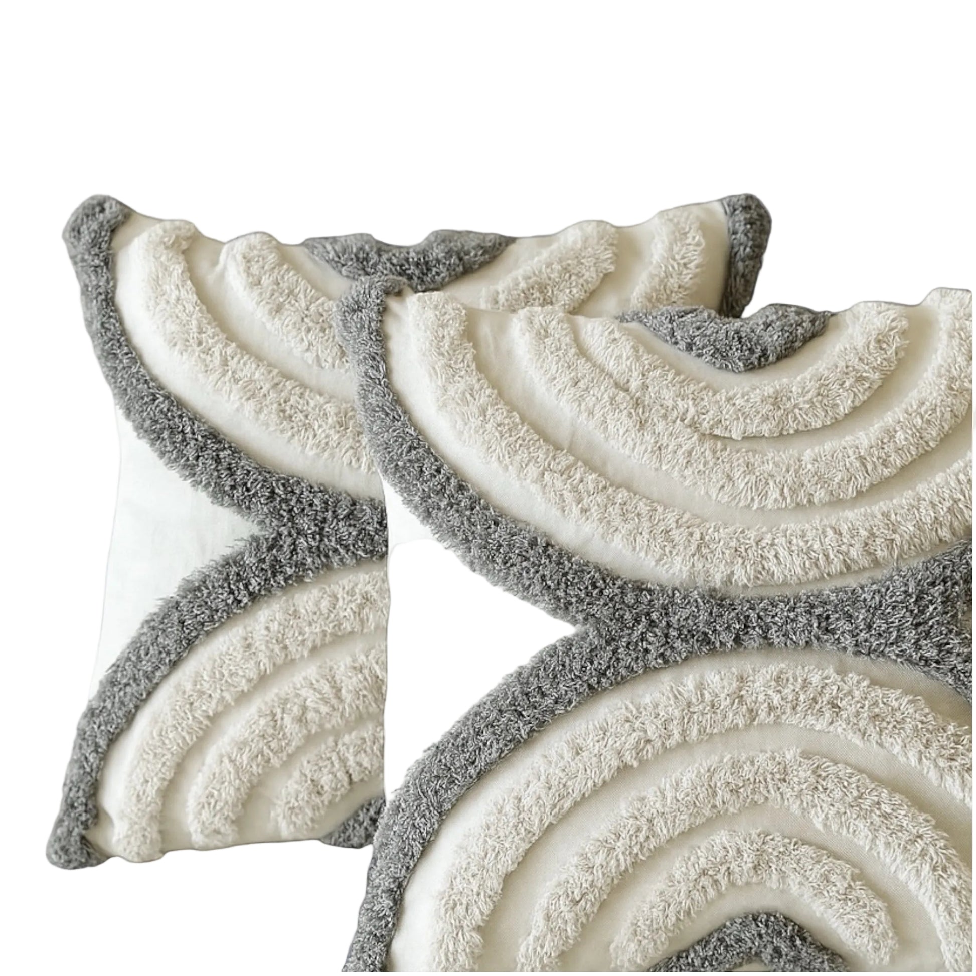 Decorative throw pillow covers with wavy pattern on a gray background