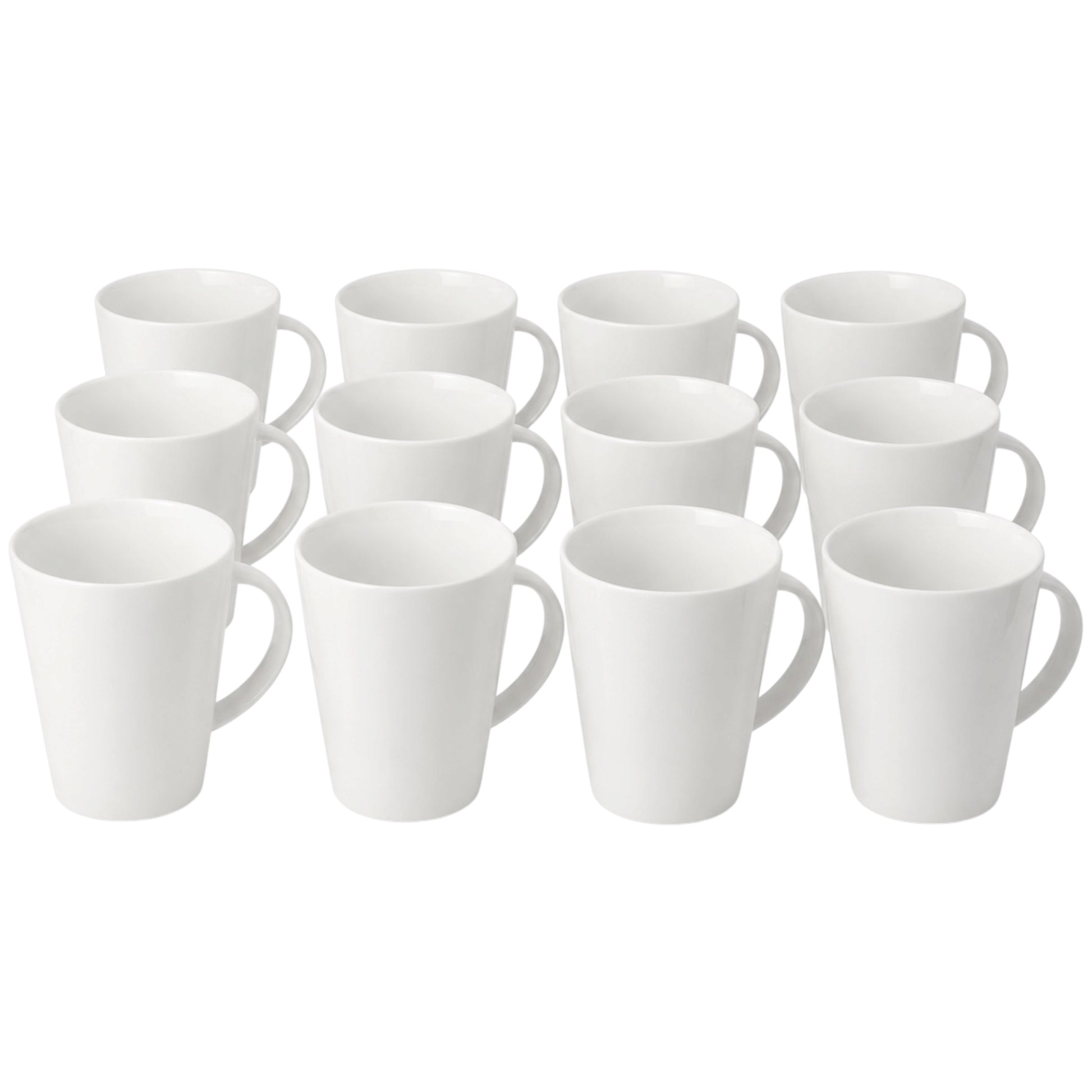 A set of twelve white ceramic mugs arranged in two rows on a plain white background.
