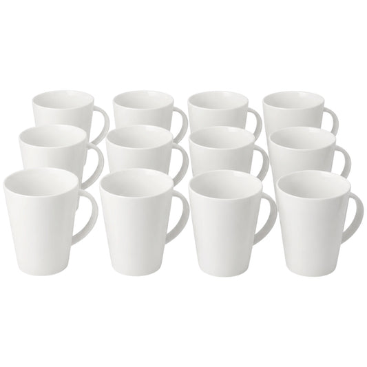 A set of twelve white ceramic mugs arranged in two rows on a plain white background.
